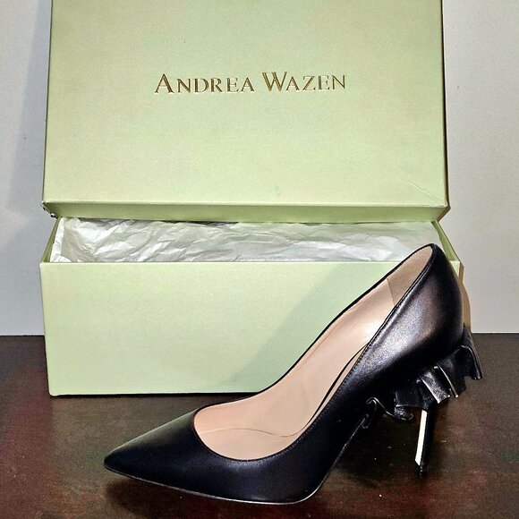 Andrea Wazen "Rouches" Black Leather High Heels - Picture 1 of 3